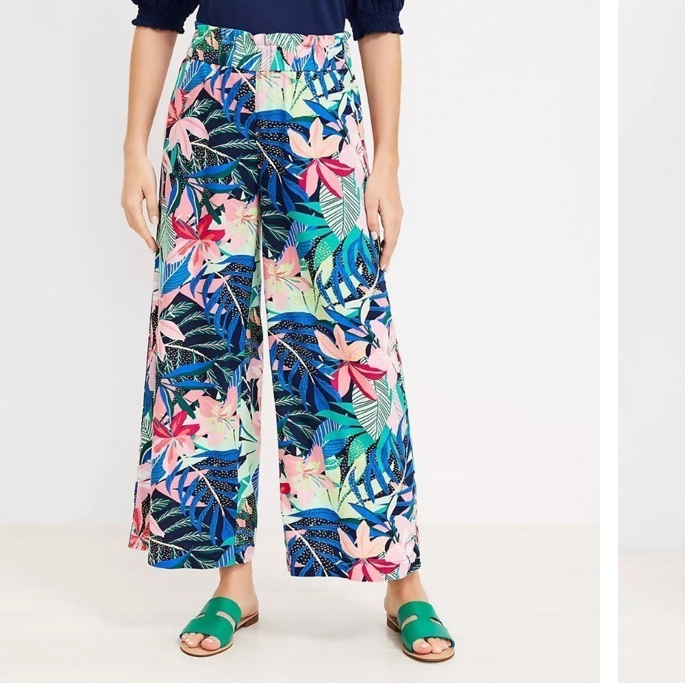 LOFT Tropical Floral Palm Fluid Wide Leg Crop Pants Linen Blend XS Cottagecore